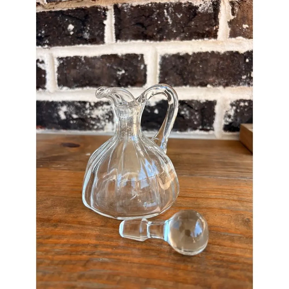 Vintage Clear Glass Cruet Decanter w Stopper Ribbed Fluted Oil Vinegar Pitcher